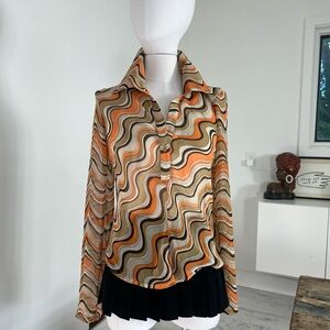 XOXO Y2K Orange and Brown Wave Pattern Sheer Blouse‎ size L
